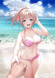 Rule 34 | 1girl, 1other, :d, banned artist, beach, bikini, blonde hair, blue eyes, breasts, cleavage, collarbone, fingernails, highres, holding hands, large breasts, looking at viewer, midori foo, open mouth, original, outdoors, pink bikini, ponytail, pov, sand, signature, smile, solo focus, swimsuit, teeth, thighs, upper teeth only, water, waves