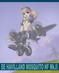 Rule 34 | 1girl, ahoge, aircraft, airplane, bad id, bad pixiv id, blonde hair, blue eyes, blush, brand name imitation, brown hair, de havilland mosquito, flying, goggles, goggles on head, long hair, mecha musume, military, open mouth, sano toshihide, smile, solo focus, tamiya incorporated, thighhighs, world war ii