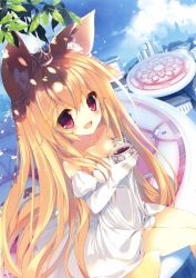 Rule 34 | 1girl, absurdres, animal ear fluff, animal ears, bare shoulders, blonde hair, dress, fox ears, fox tail, highres, non-web source, p19, red eyes, solo, tail