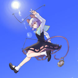 Rule 34 | 1girl, animal ears, basket, black dress, blue capelet, blue sky, breasts, capelet, commentary request, dowsing rod, dra (area-s), dress, grey hair, hair between eyes, holding, holding with tail, jewelry, long sleeves, looking down, mary janes, mouse (animal), mouse ears, mouse tail, nazrin, pendant, prehensile tail, red eyes, shoes, short hair, sky, small breasts, smile, socks, solo, sun, tail, touhou, v-shaped eyebrows, white sleeves