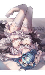 Rule 34 | 10s, 1girl, apron, arm up, bed sheet, black dress, black ribbon, blue eyes, blue hair, blush, breasts, breasts apart, closed mouth, detached collar, detached sleeves, dress, expressionless, frilled dress, frills, garter straps, hand up, headdress, highres, huanxiang huifeng, juliet sleeves, large breasts, long sleeves, looking at viewer, lying, maid, maid apron, neck ribbon, no shoes, on back, puffy sleeves, re:zero kara hajimeru isekai seikatsu, rem (re:zero), revision, ribbon, short hair, solo, thighhighs, upside-down, white apron, white thighhighs, wide sleeves