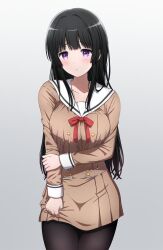 Rule 34 | 1girl, absurdres, bang dream!, black hair, black pantyhose, blush, breasts, brown dress, buttons, commentary request, double-breasted, dress, hanasakigawa school uniform, highres, holding own arm, large breasts, long hair, long sleeves, neck ribbon, noshimurin, pantyhose, purple eyes, red ribbon, ribbon, sailor dress, school uniform, shirokane rinko, solo, standing