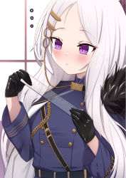 Rule 34 | ..., 1girl, black cape, black gloves, blue archive, blue jacket, blush, cape, closed mouth, commentary request, forehead, fur-trimmed cape, fur trim, gloves, hair ornament, hairclip, hands up, highres, hina (blue archive), holding, jacket, long hair, long sleeves, parted bangs, purple eyes, ruler, solo, sweat, transparent, uneg, upper body, very long hair, white hair, wide sleeves, window