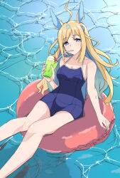Rule 34 | 1girl, ahoge, animal ears, blonde hair, blue eyes, blue hair, blue nails, blue one-piece swimsuit, breasts, cleavage, closed mouth, colored inner hair, commentary request, competition school swimsuit, competition swimsuit, covered navel, cup, drinking straw, drinking straw in mouth, feet out of frame, gradient hair, harukazetabiji, highres, holding, holding cup, horse ears, horse girl, innertube, long hair, looking at viewer, medium breasts, multicolored hair, neo universe (umamusume), one-piece swimsuit, school swimsuit, solo, streaked hair, swim ring, swimsuit, tracen swimsuit, umamusume, very long hair, water