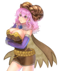 Rule 34 | 1girl, alchemist (ragnarok online), blush, breasts, brown cape, brown dress, brown horns, cape, cleavage, commentary request, cowboy shot, dress, elbow gloves, fake horns, fingerless gloves, fur collar, gloves, horns, jewelry, large breasts, long hair, looking afar, magatama, magatama necklace, misuguu, necklace, open mouth, pink eyes, pink hair, purple gloves, ragnarok online, short dress, simple background, solo, strapless, strapless dress, white background