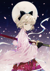 Rule 34 | 1girl, bad id, bad pixiv id, black bow, blonde hair, bow, cherry blossoms, closed mouth, cowboy shot, dangmill, fate (series), fingerless gloves, full moon, gloves, hair bow, half updo, holding, holding sword, holding weapon, japanese clothes, katana, kimono, koha-ace, looking at viewer, moon, night, okita souji (fate), okita souji (koha-ace), outdoors, petals, pink kimono, purple skirt, sheath, skirt, solo, sword, unsheathing, weapon, wide sleeves, yellow eyes