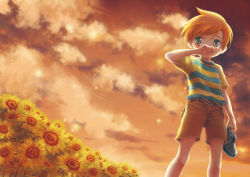 Rule 34 | 1boy, belt, belt buckle, brown shorts, buckle, child, claus (mother 3), cloud, cloudy sky, commentary request, dusk, dutch angle, feet out of frame, field, flower, flower field, green eyes, hand to own mouth, holding, ichiyo (ichiyon), male focus, mother (game), mother 3, nintendo, orange hair, outdoors, shirt, shoes, short sleeves, shorts, sky, solo, striped clothes, striped shirt, sunflower, sunflower field, tears