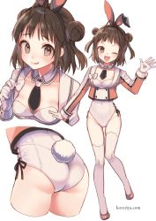 Rule 34 | 1girl, adapted costume, ahoge, animal ears, ass, blush, breasts, brown eyes, brown hair, collarbone, commentary request, cropped arms, cropped legs, detached collar, double bun, fake animal ears, full body, gloves, grey background, groin, hair bun, kantai collection, koruri, leotard, long sleeves, looking at viewer, multiple views, naka (kancolle), one eye closed, open mouth, playboy bunny, rabbit ears, rabbit tail, revision, sailor collar, shoes, short hair, simple background, small breasts, smile, strapless, strapless leotard, tail, thighhighs, tongue, tongue out, white background, white gloves, white leotard, white sailor collar, white thighhighs