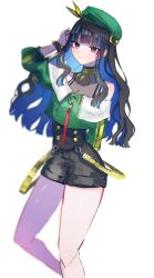 Rule 34 | 1girl, bare shoulders, beret, black hair, blue hair, breasts, buttons, colored inner hair, double-breasted, eyeliner, fate/grand order, fate (series), green hat, green jacket, grey eyes, hat, highres, jacket, jewelry, long hair, looking at viewer, makeup, multicolored hair, neck ring, o-ring, off shoulder, round eyewear, shorts, sidelocks, solo, tenochtitlan (fate), tenochtitlan (second ascension) (fate), tinted eyewear, wavy hair, zipper