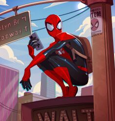 Rule 34 | 1boy, animal print, artist name, backpack, bag, blue sky, building, cellphone, cloud, commentary, day, english text, highres, logo, male focus, marvel, onesie, outdoors, phfreitas art, phone, sky, skyscraper, smartphone, solo, spandex, spider-man, spider-man (series), spider print, spider web print, squatting, sun, superhero costume, symbol-only commentary