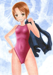 Rule 34 | 1girl, asics, blue sky, bob cut, breasts, brown hair, cloud, collarbone, colored pencil (medium), competition swimsuit, cowboy shot, grin, gym uniform, hand on own hip, hidaka medaka, highleg, highres, jacket, jersey, looking at viewer, one-piece swimsuit, outdoors, school uniform, short hair, sidelocks, sky, small breasts, smile, solo, split mouth, standing, sunlight, swimsuit, thighs, tomboy, track jacket, track suit, traditional media, yellow eyes