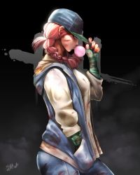 Rule 34 | 1girl, black background, blood, blood on clothes, blue eyes, braid, chewing gum, dead by daylight, fingerless gloves, gloves, green gloves, hand in pocket, hat, highres, injury, long sleeves, meg thomas, pink hair, profile, short hair, shourin bonzu, simple background, solo, twin braids