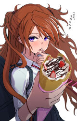 Rule 34 | 1girl, absurdres, brown hair, crepe, evangelion: 3.0+1.0 thrice upon a time, food, highres, ice cream cone, interface headset, long hair, looking at viewer, neon genesis evangelion, purple eyes, rebuild of evangelion, sasasa r 23, school uniform, solo, souryuu asuka langley, tongue, tongue out