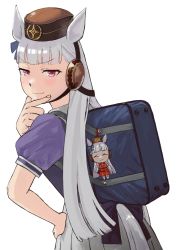 Rule 34 | 1girl, absurdres, animal ears, back, backpack, bag, bow, brown headwear, closed mouth, gold ship (umamusume), hair bow, hand on own chin, headband, highres, horse ears, horse girl, horse tail, charm (object), long hair, looking at viewer, looking back, purple eyes, purple hair, purple shirt, school uniform, shirt, short sleeves, simple background, skirt, smile, solo, tail, turquoise iro, umamusume, v-shaped eyebrows, white background, white skirt