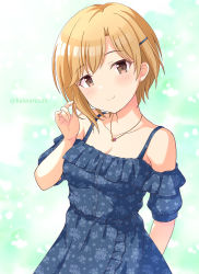 Rule 34 | 1girl, aiba yumi, bare shoulders, blonde hair, blue dress, blush, brown eyes, closed mouth, collarbone, commentary request, dress, floral print, frilled dress, frills, hair ornament, hairclip, hand up, head tilt, idolmaster, idolmaster cinderella girls, idolmaster cinderella girls starlight stage, jewelry, kaiware-san, necklace, off-shoulder dress, off shoulder, parted bangs, print dress, puffy short sleeves, puffy sleeves, short sleeves, smile, solo, twitter username