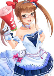 Rule 34 | 10s, 1girl, :d, bare shoulders, bracelet, brown eyes, brown hair, collarbone, dress, glasses, gloves, hand on own hip, idolmaster, idolmaster cinderella girls, ikebukuro akiha, jewelry, long hair, looking at viewer, megaphone, miri (ago550421), necklace, open mouth, smile, solo, standing, starry sky bright, tiara, twintails, upper body, watch, white gloves