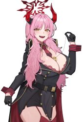 Rule 34 | 1girl, :d, belt, black gloves, blue archive, blush, breasts, cleavage, coin, coin on string, fangs, garter straps, gloves, halo, highres, horns, large breasts, long hair, looking at viewer, mole, mole on breast, necktie, open mouth, pink hair, red thighhighs, satsuki (blue archive), simple background, skirt, smile, solo, teeth, thighhighs, white background, yellow eyes, yzr (yzr99)