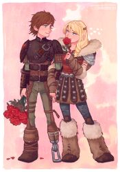 Rule 34 | 1boy, 1girl, armor, artist name, astrid hofferson, blonde hair, blue eyes, blue pants, boots, border, bouquet, brown hair, flower, fur boots, green eyes, green pants, heart, hiccup horrendous haddock iii, holding, holding bouquet, holding flower, how to train your dragon, knee pads, leather armor, locked arms, long hair, looking at another, pants, pauldrons, petals, ponytail, prosthesis, prosthetic leg, red flower, red petals, red rose, rose, rose petals, seoyeon, short hair, shoulder armor, standing, white border