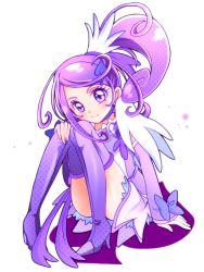 Rule 34 | 1girl, arm warmers, boots, bow, brooch, choker, colored eyelashes, cure sword, dokidoki! precure, eyelashes, full body, hair ornament, hairpin, heart, heart brooch, kenzaki makoto, magical girl, ponytail, precure, purple eyes, purple footwear, purple hair, purple skirt, purple theme, purple thighhighs, ribbon, short hair, sitting, skirt, smile, solo, spade, spade hair ornament, thigh boots, thighhighs, touma (halcyon13), white background