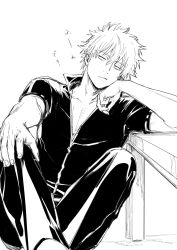 Rule 34 | 1boy, collarbone, feet out of frame, gintama, greyscale, hair between eyes, half-closed eyes, hand on own knee, highres, knees up, leaning to the side, looking away, looking to the side, male focus, monochrome, pants, parted lips, sakata gintoki, short sleeves, simple background, sitting, solo, table, uraki (tetsu420), white background