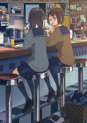 Rule 34 | 2girls, basket, black hair, blue skirt, brown eyes, brown footwear, brown hair, cardigan, coffee, coffee maker, coffee pot, cup, diner, drinking glass, drinking straw, food, from behind, glasses, highres, holding, holding food, indoors, kusakabe (kusakabeworks), loafers, long hair, looking at another, multiple girls, napkin, napkin holder, open mouth, original, pepper shaker, photo (object), plate, sailor collar, salt shaker, shoes, short hair, skirt, stool, translation request, whiteboard