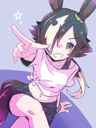 Rule 34 | 1girl, :d, animal ears, black shorts, brown eyes, brown hair, crop top, crossed legs, gaze on me! outfit (umamusume), grin, hair over one eye, horse, horse ears, horse girl, horse tail, long hair, looking at viewer, maru (hachi 47923), midriff, navel, open mouth, pointing, pointing at viewer, ponytail, purple background, shirt, short sleeves, shorts, smile, solo, tail, teeth, umamusume, vodka (umamusume), white shirt