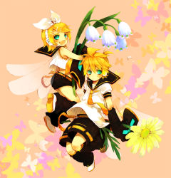 Rule 34 | 1boy, 1girl, blonde hair, blue eyes, blush, brother and sister, detached sleeves, flower, hair ribbon, happy, kagamine len, kagamine rin, lily of the valley, necktie, ribbon, short hair, shorts, siblings, twins, vocaloid, wings, yellow necktie, yukkii