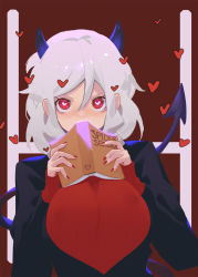 Rule 34 | 1girl, ahedtra, black shirt, book, covering own mouth, demon, demon girl, demon horns, demon tail, heart, heart-shaped pupils, helltaker, highres, holding, holding book, horns, long sleeves, looking at viewer, modeus (helltaker), nail polish, red sweater, ribbed sweater, shirt, solo, sweater, symbol-shaped pupils, tail