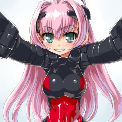 Rule 34 | 10s, 1girl, ach, ahoge, bad id, bad pixiv id, breasts, busou shinki, dd (ijigendd), doll joints, female focus, gradient background, green eyes, grin, happy, joints, large breasts, long hair, pink hair, simple background, smile, solo