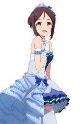 Rule 34 | 10s, 1girl, ayase honoka, bare shoulders, blush, brown eyes, brown hair, dress, gloves, highres, idolmaster, idolmaster cinderella girls, idolmaster cinderella girls starlight stage, long hair, looking at viewer, open mouth, pocket watch, simple background, smile, solo, starry sky bright, thighhighs, tiara, watch, white background, white gloves, yahiro (epicopeiidae), yellow eyes
