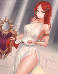 Rule 34 | 1girl, armlet, bangle, blush, bracelet, breasts, brown eyes, column, covered erect nipples, duplicate, dutch angle, eliskalti, eyeliner, hair ornament, holding, holding hair, jewelry, league of legends, leona (league of legends), light smile, long hair, looking at viewer, makeup, md5 mismatch, necklace, no bra, pendant, perky breasts, pillar, red hair, riot games, see-through, see-through silhouette, shield, side slit, sideboob, signature, sleeveless, solo, sweat, thighs, tunic, very long hair, watermark, web address