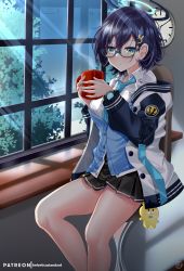 Rule 34 | 1girl, black hair, blue archive, chair, chihiro (blue archive), clock, coffee mug, collared shirt, commentary request, cup, glasses, green eyes, hair between eyes, hair ornament, halo, helvetica std, highres, holding, holding cup, long sleeves, looking away, mug, necktie, parted lips, pleated skirt, school uniform, semi-rimless eyewear, shirt, short hair, sidelocks, sitting, skirt, solo, steam, sunlight, table, wall clock, window