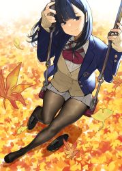 Rule 34 | 1girl, autumn leaves, beige sweater, black footwear, blazer, blue eyes, blue hair, blue jacket, blush, bow, bowtie, breasts, buttons, closed mouth, ginkgo leaf, grey skirt, highres, jacket, leaf, legs, long hair, long sleeves, looking at viewer, mole, mole under eye, original, pantyhose, pleated skirt, red bow, red bowtie, unworn shoe, shoes, unworn shoes, skirt, smile, solo, sweater, swing, thighs, yomu (sgt epper)