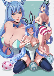 Rule 34 | 1girl, animal ears, aqua hair, artist name, ass, bare shoulders, blue bow, blue bowtie, blue eyes, blue hair, blue thighhighs, boku no hero academia, bow, bowtie, breasts, bursting breasts, collarbone, dandon fuga, detached collar, easter, easter egg, egg, fake animal ears, finger to mouth, hadou nejire, highres, index finger raised, large breasts, leotard, long hair, looking at viewer, looking to the side, paint, paintbrush, parted lips, playboy bunny, rabbit ears, rabbit tail, sideboob, sitting, skin tight, solo, standing, tail, thick thighs, thighhighs, thighs, very long hair, wariza
