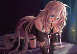 Rule 34 | 1girl, absurdly long hair, ahoge, all fours, bare shoulders, black thighhighs, blonde hair, blue eyes, blush, boots, braid, breasts, cevio, cleavage, curtains, eyes visible through hair, furrowed brow, hair between eyes, highres, ia (vocaloid), indoors, long hair, lukky clover, miniskirt, multicolored hair, nose blush, off shoulder, open mouth, pink hair, pink skirt, pleated skirt, single thighhigh, skirt, solo, thigh strap, thighhighs, twin braids, two-tone hair, very long hair, vocaloid, white footwear, window, zettai ryouiki