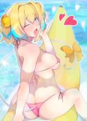 Rule 34 | + +, 1girl, amo takumi, ass, back-tie bikini, bikini, blonde hair, blue eyes, blush, bombergirl, breasts, covered erect nipples, fang, fuse tail, grenade hair ornament, hair ornament, halterneck, hand up, heart, highres, large breasts, looking at viewer, looking back, micro bikini, multicolored hair, one eye closed, open mouth, pine (bombergirl), pink bikini, short hair, side-tie bikini bottom, side-tie bottom, solo, straddling, swimsuit, symbol-shaped pupils, two-tone hair, yellow pupils