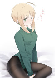 Rule 34 | 1girl, ahoge, alternate costume, artoria pendragon (all), artoria pendragon (fate), between legs, black pantyhose, blonde hair, blush, braid, breasts, commentary request, earrings, fate/stay night, fate (series), green eyes, green leotard, green sweater, heattech leotard, highres, jewelry, leotard, long sleeves, looking at viewer, open mouth, pantyhose, saber (fate), short hair, sidelocks, simple background, sitting, solo, suzuakks, sweater, thighband pantyhose, translation request, turtleneck, white background