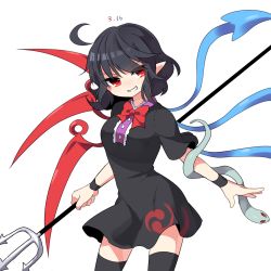 Rule 34 | 1girl, ahoge, asymmetrical wings, bad id, bad pixiv id, black hair, dated, dress, houjuu nue, kozakura (dictionary), polearm, red eyes, short hair, simple background, smile, snake, solo, thighhighs, touhou, trident, weapon, white background, wings