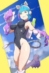 Rule 34 | 1girl, absurdres, ahoge, animal collar, animal ear headphones, animal ears, animal hands, bare shoulders, black one-piece swimsuit, blue eyes, blue hair, blue sky, blunt bangs, breasts, cat ear headphones, cat paws, claws, cloud, collar, covered navel, fake animal ears, groin, hair ornament, hairclip, hand up, headphones, highleg, highleg swimsuit, highres, leg up, mechanical tail, medium breasts, multicolored hair, one-piece swimsuit, original, pretty-purin720, purple collar, purple hair, short hair, sky, solo, streaked hair, swimsuit, tail, thighs, two-tone hair