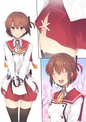 Rule 34 | 1girl, absurdres, black ribbon, black thighhighs, blush, breasts, brown hair, close-up, closed eyes, closed mouth, etou kanami, hair between eyes, hair ribbon, highres, hitoiki, holding, holding sword, holding weapon, long sleeves, medium breasts, open mouth, red sailor collar, red skirt, ribbon, sailor collar, school uniform, short hair, sidelocks, skirt, solo, standing, straight-on, sword, thighhighs, toji no miko, tree, weapon, yellow eyes, yellow ribbon
