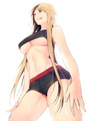 Rule 34 | 10s, 1girl, :q, artist name, bare shoulders, blonde hair, blood, breasts, brown eyes, dolphin shorts, genderswap, genderswap (mtf), groin, izumi kouhei, long hair, micro shorts, navel, pepper fever, shorts, simple background, solo, sports bra, tongue, tongue out, underboob, very long hair, white background, world trigger