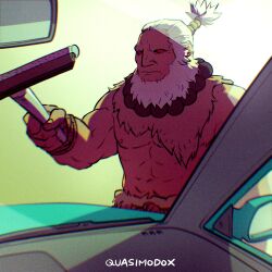 Rule 34 | abs, akuma (street fighter), artist name, bare shoulders, beads, beard, bracelet, car, cleaning, expressionless, facial hair, gradient background, jewelry, motor vehicle, muscular, muscular male, neckbeard, pov, prayer beads, quasimodox, red eyes, shadow, side-view mirror, squeegee, street fighter, topless male, white hair, yellow background
