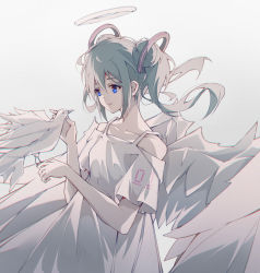 Rule 34 | 1girl, alternate hair length, alternate hairstyle, angel, angel wings, aqua hair, bare shoulders, bird, bird on hand, blue eyes, chinese commentary, commentary, dove, dress, hair ornament, halo, hatsune miku, headpat, highres, light smile, medium hair, open mouth, qizhongji, spaghetti strap, twintails, upper body, vocaloid, white dress, wings