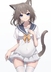 Rule 34 | 1girl, absurdres, animal ears, blouse, blue eyes, blue nails, blue sailor collar, bow, bowtie, brown hair, cat ears, cat girl, cat tail, closed mouth, collarbone, collared shirt, covered navel, cowboy shot, earrings, hair ornament, hand on own chest, hand up, highres, hinata (user rjkt4745), jewelry, looking at viewer, medium hair, miniskirt, nail polish, original, pleated skirt, sailor collar, school uniform, see-through, see-through sleeves, serafuku, shirt, short sleeves, single earring, skirt, skirt hold, smile, solo, standing, tail, tail raised, thigh gap, thighhighs, white shirt, white skirt, white thighhighs, x hair ornament, yellow bow, yellow bowtie, zettai ryouiki