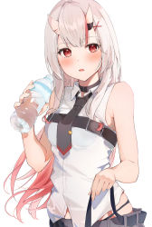 Rule 34 | 1girl, auui, bare arms, bare shoulders, black collar, black necktie, black panties, black pants, blush, bottle, breasts, collar, collared shirt, commentary request, dress shirt, fang, gradient hair, grey hair, hair ornament, hairclip, hand up, highres, holding, holding bottle, hololive, horns, long hair, looking at viewer, medium breasts, multicolored hair, nakiri ayame, nakiri ayame (streetwear), necktie, oni, panties, pants, parted lips, red eyes, red hair, shirt, simple background, skin-covered horns, sleeveless, sleeveless shirt, solo, streaked hair, underwear, very long hair, virtual youtuber, water bottle, white background, white shirt, x hair ornament