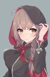 Rule 34 | 1girl, ahoge, alakoala, artist name, black capelet, black dress, braid, breasts, brown eyes, brown hair, capelet, dated, dress, grey background, highres, hood, hooded capelet, kantai collection, large breasts, long hair, long sleeves, red ribbon, ribbon, shinshuu maru (kancolle), signature, simple background, solo, twin braids, upper body