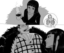 Rule 34 | 1boy, 1girl, 2koma, black hair, blunt bangs, breast envy, breasts, chibi, chibi inset, cigar, cleavage, coat, comic, crocodile (one piece), cup, dark-skinned male, dark skin, food, from below, fruit, fur coat, greyscale, hair slicked back, holding, holding cup, large breasts, looking at pectorals, mature male, medium hair, mg cls, monochrome, mug, nico robin, one piece, puffy chest, scar, scar on face, scar on nose, sidelocks, smoking, steam, stitches, thought bubble, upper body, watermelon, yellow eyes