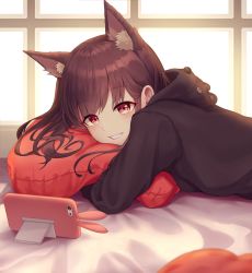 Rule 34 | 1girl, :d, animal ear fluff, animal ears, animal hood, bear hood, bed sheet, black hoodie, blush, brown hair, cat ears, cellphone, commentary, grin, highres, hood, hood down, hoodie, indoors, long hair, long sleeves, lying, myung yi, hugging object, on bed, on stomach, open mouth, original, phone, pillow, pillow hug, red eyes, smartphone, smartphone case, smile, solo, symbol-only commentary, teeth, window