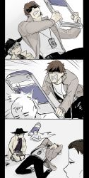 Rule 34 | 3koma, 4boys, alto clef, bad id, bad pixiv id, brown hair, chair, character name, clenched teeth, comic, folding chair, frown, glasses, hat, head back, hongcha (roels), jacket, kneeling, kondraki, lab coat, long sleeves, looking at another, male focus, multiple boys, open clothes, open jacket, parted lips, popped collar, roels, scp foundation, shirt, simple background, teeth, troy lament, white background, white shirt