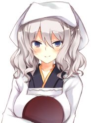 Rule 34 | 10s, 1girl, alternate headwear, apron, blue eyes, blush, hair between eyes, head scarf, japanese clothes, kantai collection, kappougi, kashima (kancolle), kinona, long hair, long sleeves, looking at viewer, silver hair, simple background, smile, solo, tenugui, tray, tsurime, twintails, wavy hair, white background